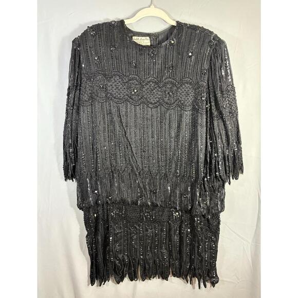 Dresses & Skirts - Judith Ann Plus Early 80s sz 1X Beaded Sequin Flapper Dress Fringe Sleeve/Hem